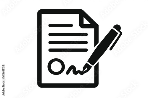 Contract icon with signature and pen. Signing a legal document, agreement, or deal. Business partnership and commitment concept. Treaty or form symbol. Vector illustration.