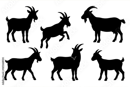 Black goat silhouette collection in multiple poses — standing, grazing, leaping, walking — versatile farm livestock clip-art for animal husbandry infographics, logo design, labels, education