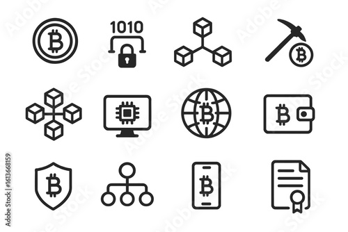Crypto technology and blockchain line icon set. Bitcoin, mining, wallet, and security symbols. Vector collection for web design, mobile app, and fintech presentation.