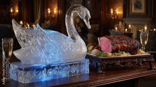 Fototapeta Naklejka Na Ścianę i Meble -  An ice swan sculpture sits next to a roasted meat platter on a dark wood table