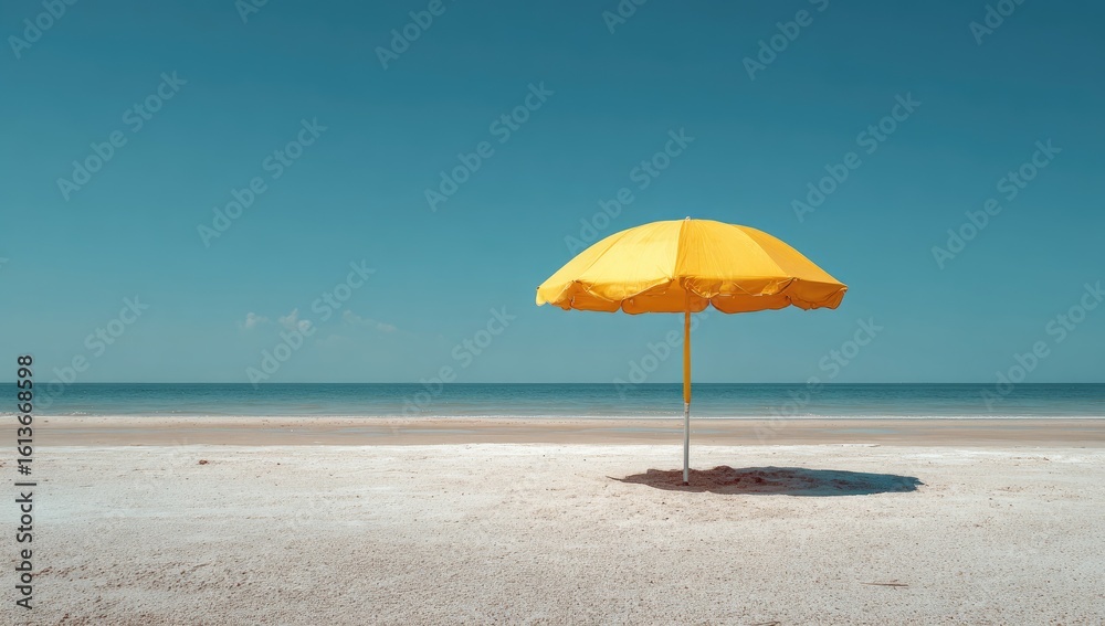 Beach scene with a single yellow umbrella Beach scene with a single yellow umbrella