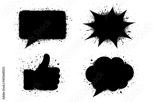 Grunge spray-paint speech bubble set—square chat, comic explosion burst, thumbs-up like icon, cloud balloon—splatter ink silhouettes for social media icons, street art messages, edgy graphic design