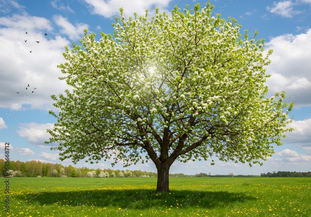 Fototapeta premium 春の日差しを浴びる満開の果樹、緑の草原に優しく佇む
