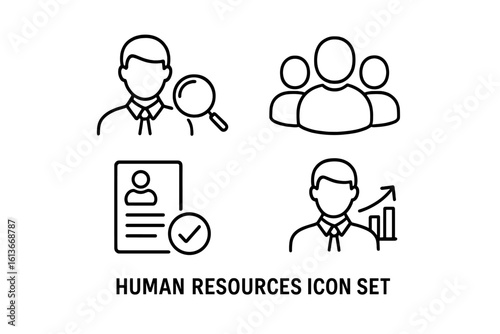 Human resources line icon set, talent search, team management, employee resume review, staff performance growth analytics, recruitment HR symbols, outline business people pictogram bundle