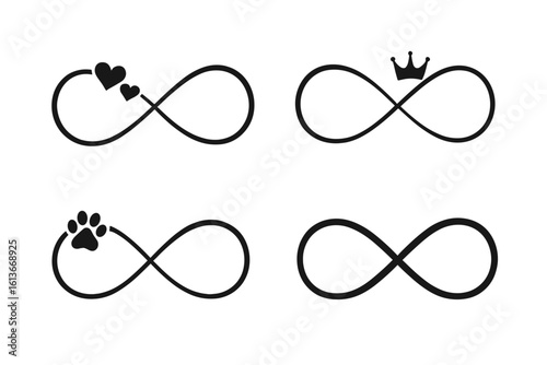 Infinity symbol vector set of 4 minimalist loop icons with hearts crown paw print and plain figure-eight line, wedding love pet friendship eternal bond concept, elegant black outline logo templates