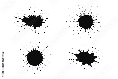 Vector ink splatter pack with four isolated black paint blobs and drips, radial spray burst, abstract grunge stain set for logo branding, graffiti effect, creative poster or t-shirt design