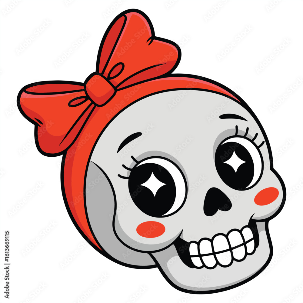 Fototapeta premium Magical cute Halloween skeleton skull cartoon mask. Happy smiling funny skull in line art element collection perfect for festive and spooky holiday designs.