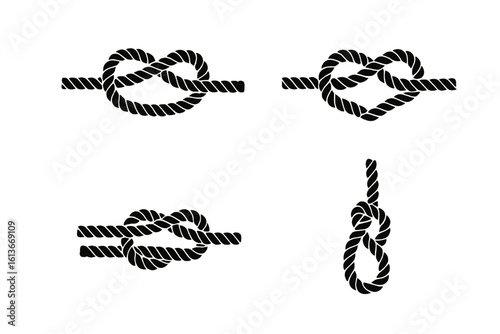 Nautical rope knot icons set featuring decorative bowline reef hitch looping knot silhouettes, maritime cord tying techniques illustration isolated on white for sailing boating camping survival design