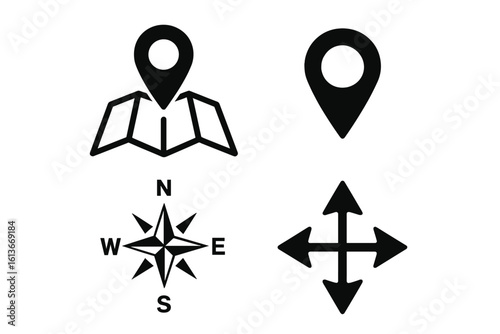 GPS map pointer pin with folded city map, simple location marker, compass rose north south east west, four-way navigation arrows, solid black geolocation icons set for mobile apps and web UI