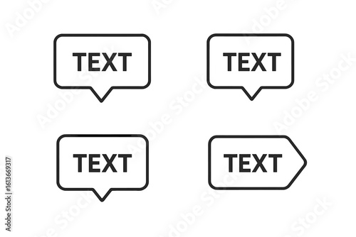 Minimal chat bubble outline icons set for UX UI infographics—clean speech balloon label frames, pointer talk banner templates, empty text quote dialog callout badges for messaging app web design