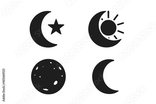 Crescent moon icon set with star sun and full lunar silhouettes, cosmic astrology symbols for night sky phases, Islamic religion emblem, astronomy celestial body clip art vector illustration