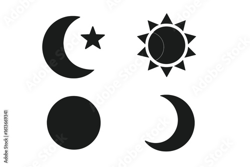 Crescent moon and star icons with sun eclipse symbol, lunar phases silhouette set, celestial night sky astrology illustration, Islamic emblem, astronomy graphic for cosmic astronomy and Ramadan themes