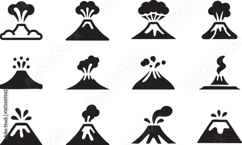 Twelve black and white icons of erupting volcanoes with smoke and lava eruption