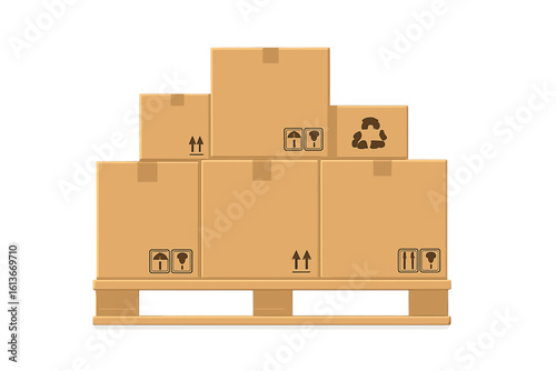 Different boxes on warehouse stack front view. Boxes on wooden pallet vector illustration. Packaging cargo for delivery service with recycle and fragile symbol.