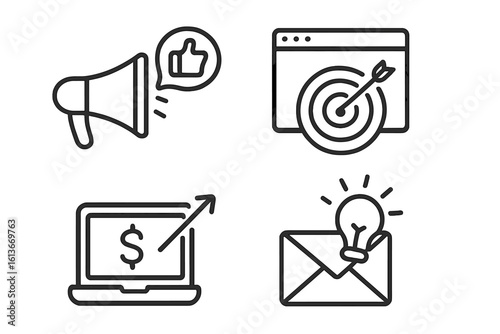 Digital marketing line icon set. Social media promotion, website target, online sales growth, email campaign idea. Vector business symbols for web and mobile app UI/UX.