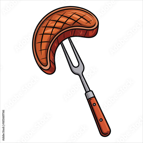 Fork with grilled steak vector illustration isolated on white background. Perfect for food, dining, barbecue, and restaurant themed design projects.