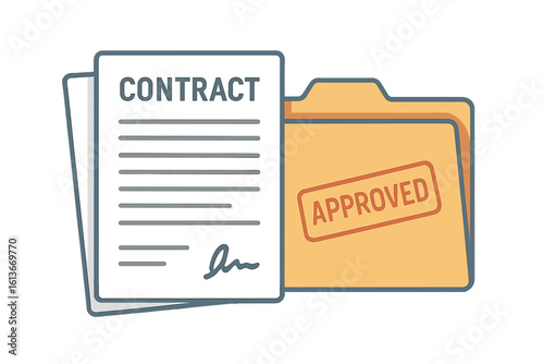 Business contract agreement papers in a file folder. Official legal document concept with signature and approved seal stamp. Financial report or deal paperwork vector icon.