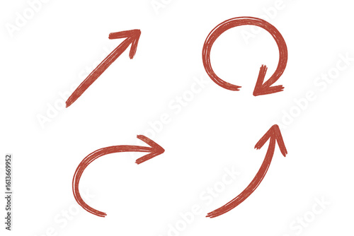 Hand-drawn red sketch arrows set—4 curved, diagonal, looping, scribble doodle pointers for direction, highlight, navigation, infographic flow, process, recycling concept on white vector illustration