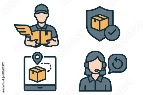 Express delivery icon set. Courier with package, shipment protection shield, online order tracking on map, and customer service operator for returns and support.