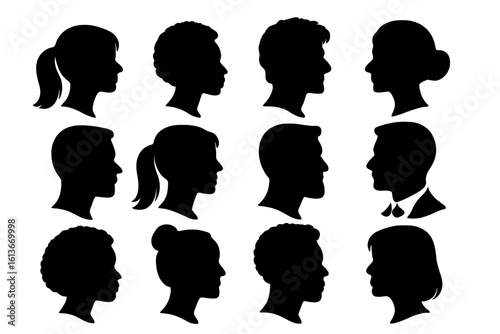 Diverse male and female head silhouettes side profile set, different hairstyles ponytail bun afro short medium long hair, business man woman avatar, black outline people illustration collection