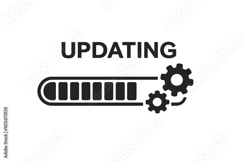 System update process icon with loading bar and gears. Software upgrade, installation, and maintenance concept. Download status indicator vector illustration on white background.