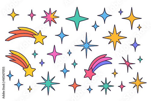 Vibrant shooting stars and sparkle icons set—hand-drawn multicolor starbursts, comet trails, twinkling celestial shapes for celebration, magic, party invites, kids décor, festive design elements