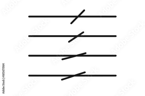 Diagonal Strikethrough Lines Vector Set—Four Bold Horizontal Stroke Elements with Angled Slash Marks, Minimalist Black Separator Rules, Transparent Background, Modern Graphic Design Assets