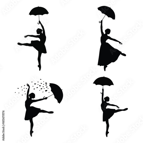 Black silhouettes of ballerinas with umbrellas ballet