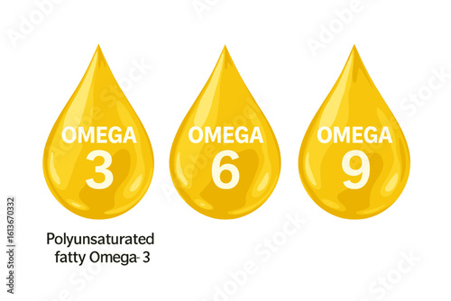 Omega 3, 6, 9 gold oil drops. Polyunsaturated fatty acids vector icon. Essential nutrient supplement concept. Fish oil, vitamin complex for health and nutrition illustration.