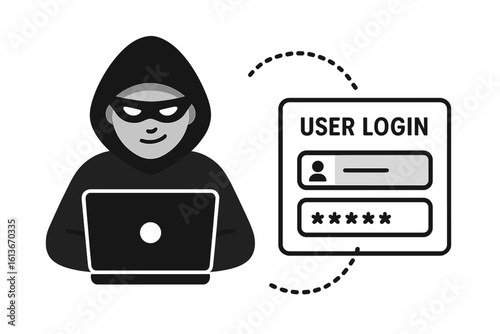 Hacker with laptop stealing user login and password data. Cybersecurity threat concept. Phishing, cybercrime, and internet fraud. Vector identity theft illustration.