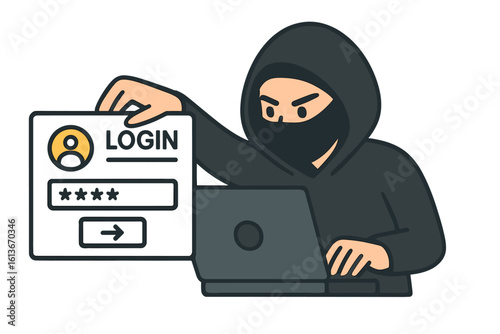 Hacker stealing login and password. Cybercrime concept with character in hoodie at laptop. Phishing, data theft, and internet security breach vector illustration.