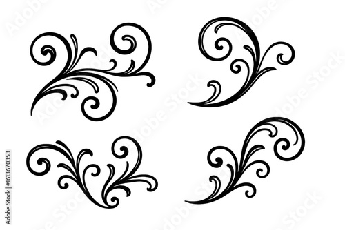 Black swirling ornamental flourishes set, vintage baroque deco filigree swirls, elegant curl embellishments, decorative curl motifs for invitations, tattoo stencil, vector artistic foliage scrolls