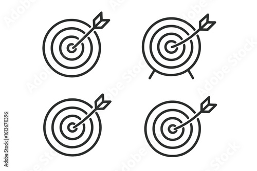 Bullseye dartboard icons set of 4 for precision targeting, goal achievement, success focus, accurate aim, objective strategy, business mission, marketing reach, KPI hit, linear outline style vector