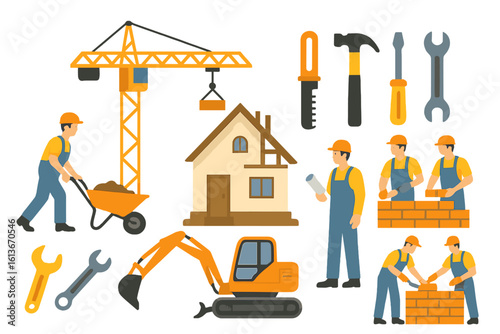 Construction vector icon set. Builders team work on site. Crane, excavator, house building and repair tools. Contractor, worker characters. Industry flat cartoon illustration.