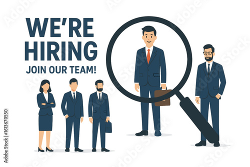 We're hiring concept. Recruitment, job vacancy announcement. Magnifying glass choosing a new employee. Human resources searching for a candidate. Join our team career.