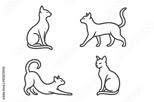 Elegant cat outline bundle – four minimalist feline silhouettes in sitting, walking, stretching and playful poses, clean linear style, pet logo icons, graceful domestic animal vector illustration