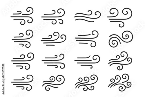 Decorative wind swirl icons collection – 16 airy breeze doodle symbols, flowing air lines, storm gust and breeze pattern set for weather app UI, infographic, forecast concept, logo, graphic design