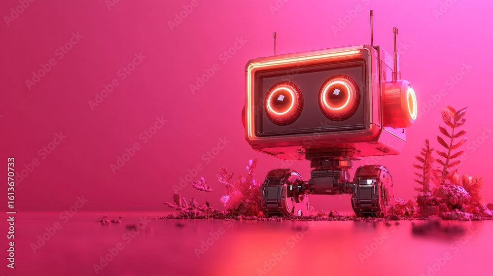 Obraz premium Retro robot in vibrant pink setting
