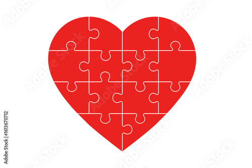 Heart shaped jigsaw puzzle. Love, relationship and charity concept. Cardiology and health care symbol. Finding a solution or a missing piece. Teamwork and unity vector.
