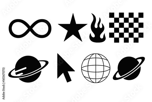 Y2K abstract symbol bundle vector — infinity loop, five-point star, flame icon, checker flag pattern, planet ring shapes, globe grid, computer cursor arrow, retro 2000s cyber aesthetic design elements