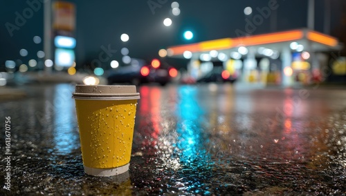 A disposable coffee cup sits on a wet roadway outside a gas station at night