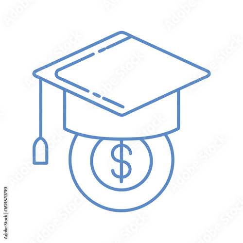 Blue graduation cap with dollar coin symbol inside on white background academic education