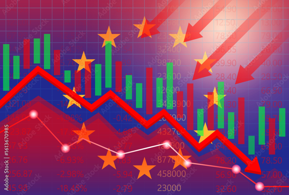Obraz premium European Union Economy. Flag of EU with Falling Financial Graph. Economic Crisis and Global Recession Concept. Vector Illustration. 