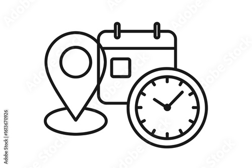 Location, date, and time icon. Vector for event planning, schedule reminder, and appointment deadline. Simple line art symbol for gps, calendar, and clock illustration.