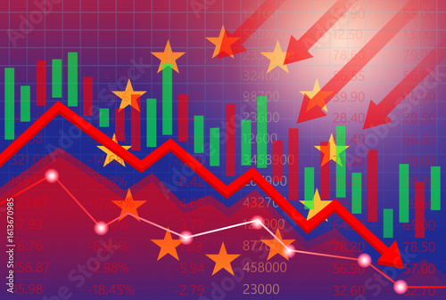 European Union Economy. Flag of EU with Falling Financial Graph. Economic Crisis and Global Recession Concept. Vector Illustration.  