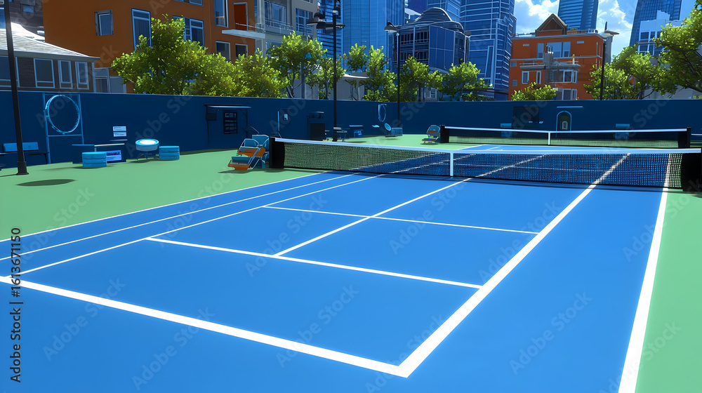 Fototapeta premium Urban tennis court in a residential area, with surrounding buildings and lush greenery. Detailed view of the court