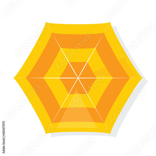 Top view orange and yellow umbrella, shade on white, holiday beach essential, stylish sun protection