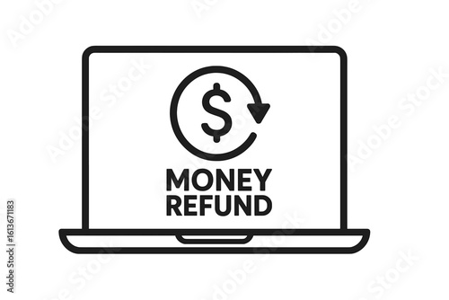Money refund vector icon on laptop. Online cash back service concept. E-commerce shopping return. Financial guarantee symbol. Internet banking, electronic payment transfer.