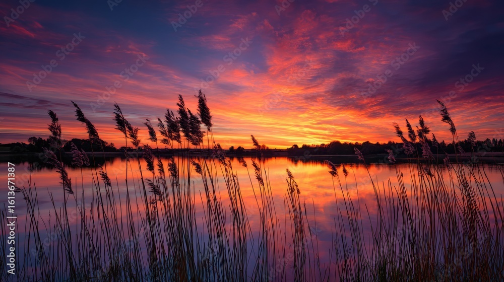 Obraz premium Colorful sunset over a lake with reeds