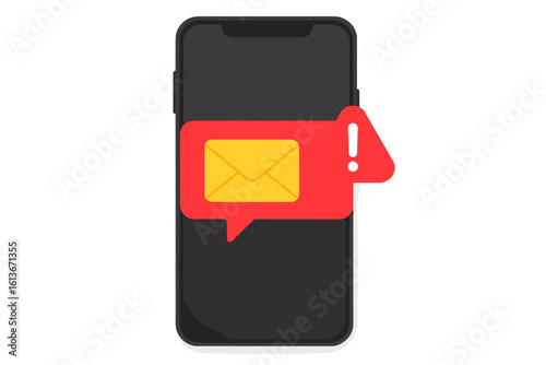 Smartphone with new message notification and red warning alert sign. Spam, phishing scam, or error message concept. Cyber security risk and urgent attention required.